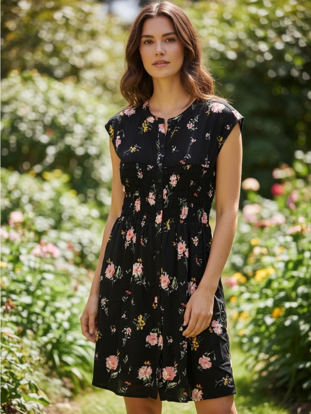 Free People Black Floral Smocked Mini Dress with Pink & Yellow Blooms